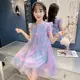 迪士尼女童連衣裙2023新款洋氣仙氣雪紡大童兒童裝彩虹公主裙夏季