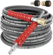 3/8" Pressure Washer Hose for Cold and Hot Water, 4200psi Power Washer Hose with Kink Free Swivel Quick Connect, Steel Wire Braided & Synthetic Rubber Jacket, 2 M22 14mm Adapter Set, 50FT