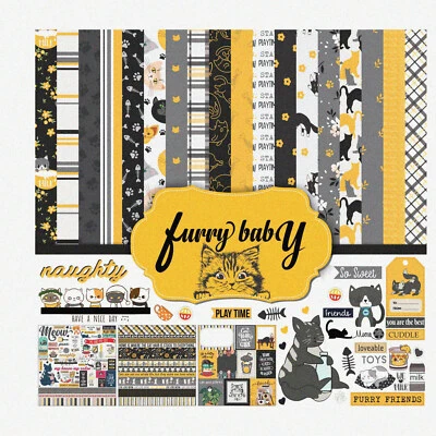 "Black & Yellow Cat Theme 12"x12" Double-Sided Scrapbook Cardstock Kit with Stic