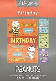 DaySpring - Peanuts - Happy Birthday - 4 Design Assortment with Scripture - 12 Boxed Cards & Envelopes (J0381)