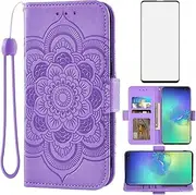 Asuwish Compatible with Samsung Galaxy S10 Plus Wallet Case and Tempered Glass Screen Protector Flip Card Holder Cell Phone Cover for Glaxay S10+ Galaxies S10plus 10S Edge S 10 10plus Cases Men Purple