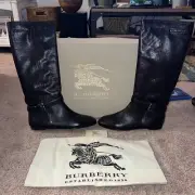 New Authentic Burberry Made In Italy Tall Boots Black With Buckle With Dust Bag