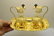 Beautiful Cruet Set, All Gold Plated, 2 Cruets with Tray (set) chalice co (H723)