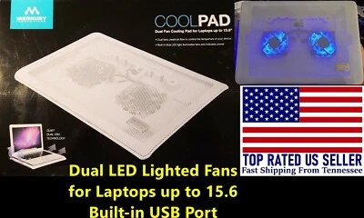 White Notebook Cooling Pad for up to 15.6", Dual-Fan, Blue LED's Illuminate Fans
