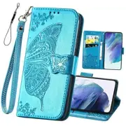 for Galaxy S21 FE 5G Wallet Case,Women Flip Folio Cover with Butterfly Blue