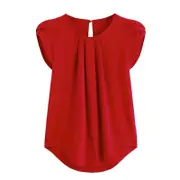 Catzon Womens Casual Round Neck Basic Pleated Top Short Sleeve Curved Keyhole Back Blouse-Red