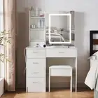 White 6 Drawers Make up Desk Stool Dressing Table Set with Lighted Mirror Vanity
