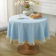 Round Tablecloth Solid Color TasselTablecloths Cotton Linen Round 47 Inch Blue