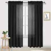 DWCN Sheer Curtains Black Semi Transparent Voile Rod Pocket Curtains for Bedroom and Living Room, Black, 132 x 241 cm Long, Set of 2 Panels