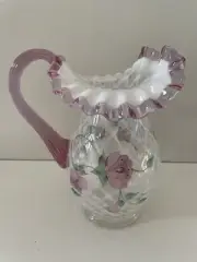 FENTON PITCHER DIAMOND OPTIC WHITE TRELLIS FLUTED TOP DUSTY ROSE