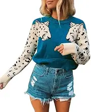 [Remelon] Womens Casual Knitted Tiger Leopard Print Long Sleeve Sweater Jumper Crop Top Pullover