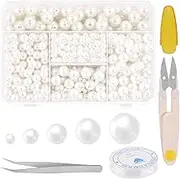 Tanstic 803Pcs White Pearl Beads Kit, 4mm 6mm 8mm 10mm 12mm Ivory Pearl Craft Beads with Hole, Round Loose Pearls with Tweezer, Crystal String and Scissor for Jewelry Making DIY Crafts