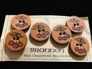 VTG Brannen 6 Two Hole Leather Buttons Hand Painted Cherries Nova Scotia Canada