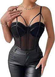 [GIYKBX] Women's Sexy Sheer Mesh Corset Bodysuit Tops Spaghetti Strap Low Cut Slim Fit Push Up Going Out Cami Shirt
