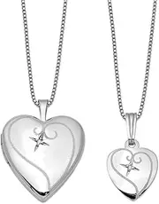 [JewelryWeb] 925 Sterling Silver Satin Back Spring-Ring Holds 2 photos Not engraveable Diamond Polished Love Heart Locket and Pendant Set 19.6mm Wide-Locket Necklace for Women