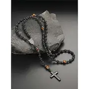 Men's Black Lava Stone and Tiger Eye Cross Pendant Necklace – Stainless Steel Spiritual Beaded Necklace with Adjustable Length, Perfect Father's Day Gift for C