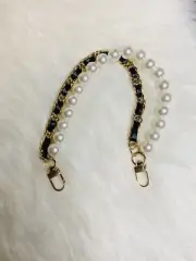 Replacement leather Chain Handle Wrist Strap Wristlet pearl black gold 2 layers