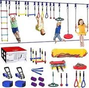 Ninja Warrior Obstacle Course for Kids with 13 Ninja Accessories, 2x65 FT Slackline with Swing Seat, Disc Swing, Ninja Wheel, Rope Ladder, Monkey Bar, Monkey Fist, Gymnastics Ring, Arm Trainer