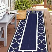 GENIMO 2.5' x 8' Outdoor Rug Waterproof for Patio Decor, Foldable Reversible Plastic Straw Area Rugs Mat for Runner Porch, Outside Carpet for Rv, Deck, Picnic, Beach, Balcony, Camper, Blue & White