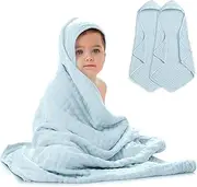 Comfy Cubs Hooded Baby Towel 2-Pack, Large 32 x 32 Inch - 6 Layer 100% Muslin Cotton for Babies, Toddlers and Kids - Soft & Absorbent Baby Bath Towels - Unisex Design for Bath Time - Sky Blue