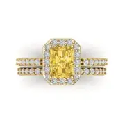 2.2ct Emerald Round Cut Halo Yellow Stone Ring bridal Set 14k Yellow Gold