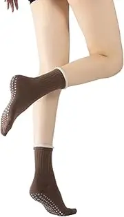 [Generic] Yoga Pilates Toe Socks with Grips for Women Non Slip Cushioned Crew Socks Mid Calf Socks for Ballet