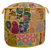 Pouf Ottoman Foot Stool Fabric Patchwork Embroidered Puffe Cover Indian Yellow
