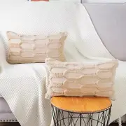 Plush Short Wool Khaki Throw Pillow Covers 12x20 Inch Set of 2 Super Soft