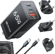 HEYMIX Travel GaN Charger, 65W USB C Wall Charger, 60W/45W/30W/25W/20W USBC Fast Travel Charger with EU/US/UK/AU Adapter Compatible with MacBook, MacAir, Lenovo, HP, Dell, Pixel, Samsung, iPhone, iPad