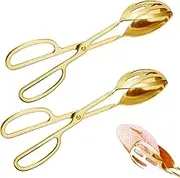 IAXSEE 2 Pieces Buffet Salad Tongs for Kitchen Serving and Cooking, Stainless Steel Food Scissor Tongs, Catering Utensil for Bread Cake Bake Steak Barbecue (Gold)