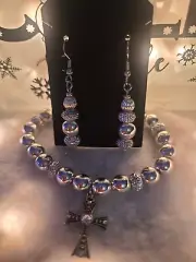 Handmade Silver Beaded Stretch Bracelet and Earring Set, Rhinestone Encrusted