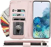 [Cavor] for Samsung Galaxy S20 Case,PU Leather Zip Pocket Wallet Flip Cover Case Magnetic Closure Book Design with Kickstand Feature & Card Slots Compartment for Samsung Galaxy S20 (6.2")-Pink