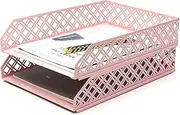 Exerz Letter Trays 2pcs Stackable Paper Sorter/Desk Organiser/File Tray for Desk - Wire Mesh Metal File Rack - Office, School, Home Study (Light Pink)