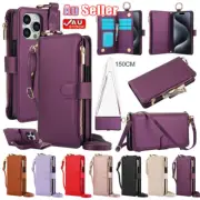 ZIP Wallet Purse Case Leather Cover Strap For iPhone 16e 15 14 13 12 11 Pro Max