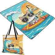 Yoogain Outdoor Play Mat Sandproof Party Foldable Picnic Blanket for Ground Picnic Items Cute Cartoon Summer Cat Surfing 60x80in