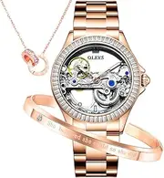 [OLEVS] Women’s Watch Automatic Diamond Tourbillon Luxury Fashion Stainless Steel Waterproof Luminous Wrist Watches for Ladies Gift Rose Gold/Starry Sky Blue/Silver