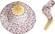 [Lifenanny] 2 in 1 Portable Bamboo Sun Hat for Women, Flower Pattern Hand Fan Summer Foldable Beach Hat for Travel Outdoor