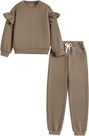 [Hilinker] Girl's 2 Piece Outfits Cute Ruffled Long Sleeve Top and Sweatpants Clothing Set