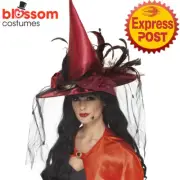 AC1306 Deluxe Witch Hat Red Feathers with Netting Halloween Costume Accessory