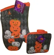 Halloween Spooky Pumpkins and Spider Web Oven Mitt and Two Pot Holders