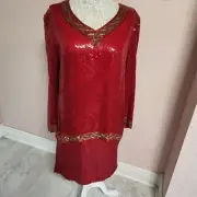NWT Joan Leslie Studio Silk Red sequin 2 piece set skirt top XL vintage L55