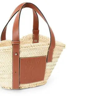 【LOEWE 羅威】Small Basket 小款 棕櫚葉拼小牛皮 托特包 編織包 草編包 原色/棕褐色