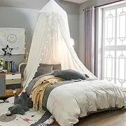 Bed Canopy Kids with Pom Pom, Cotton Princess Canopy with String Light for Girls Child Mosquito Net Cover Canopies Baby Crib Curtain Reading Nook Hanging Tent Nursery Play Game Castle Room Decoration