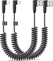 90 Degree Coiled Lightning Cable, 2 Pack, 3 FT, Right Angle Short iPhone Charger Cord [MFi Certified], USB A to Lightning Apple CarPlay Cable Compatible with iPhone 14/13/12/11 Pro Max XS XR X - Black