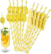 20 Pcs Lemon Patterned Paper Straws, Cute Disposable Lemon Birthday Party Stripe
