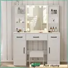 Large Dressing Table Stool Set with LED Makeup Mirror 3 Drawer Vanity Desk White