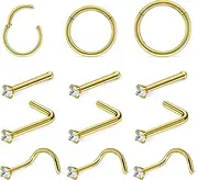 [Hoeudjo] Nose Rings Surgical Steel Cubic Zirconia Nose Studs Kit for Women Men Tiny Nose Stud Screw & Bone & L Shaped Nostril Rings Piercing Jewelry 20-18 Gauge 12 Pieces