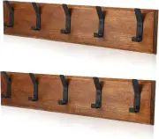 2 Pack Rustic Coat and Towel Rack with 5 Hooks Wood Wall Mounted Hanger Brown