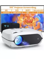 1080P Portable Projector with Screen and Bag, Supports 4K, Bluetooth Projector