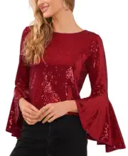 Vince Camuto Women's Metallic Knit Flutter Sleeve Top, Ultra Red, M
